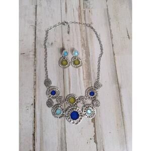 Statement Necklace & Matching Earring‎ Set, silver tone, blue yellow & teal